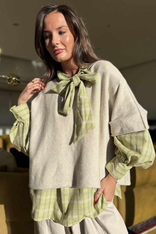 Ophelia Plaid Tie Neck Blouse Soft Lime